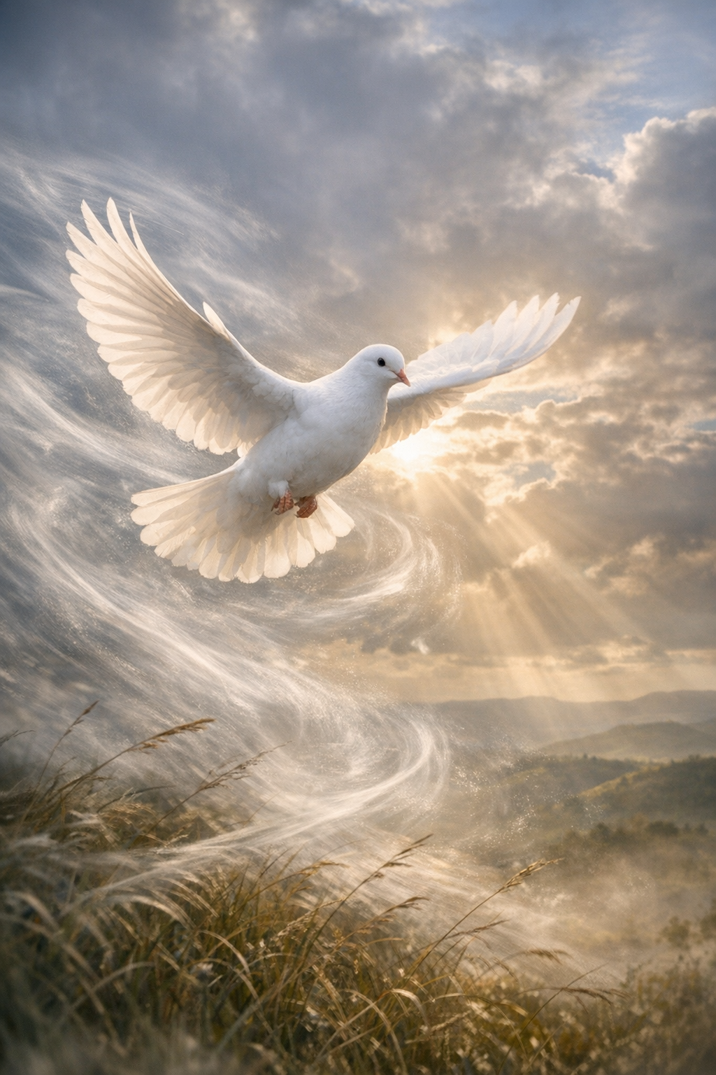 A white dove descending through the clouds